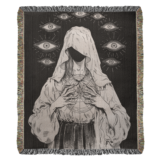 Mystical Hooded Figure Tapestry with All-Seeing Eyes - 50x60 Inches